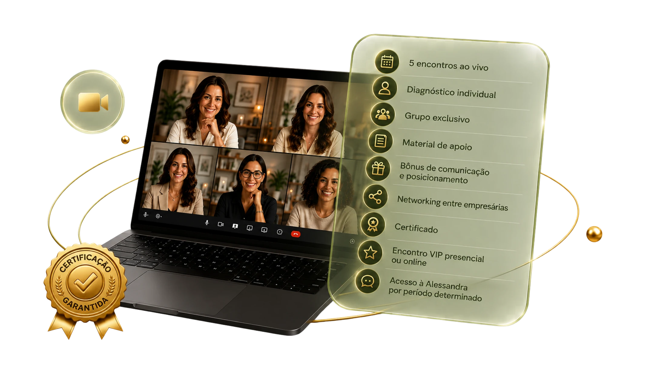 O que está incluso na mentoria Método Tezza: 5 encontros ao vivo, diagnóstico individual, grupo exclusivo, material de apoio, bônus de comunicação e posicionamento, networking entre empresárias, certificado, encontro VIP e acesso à Alessandra