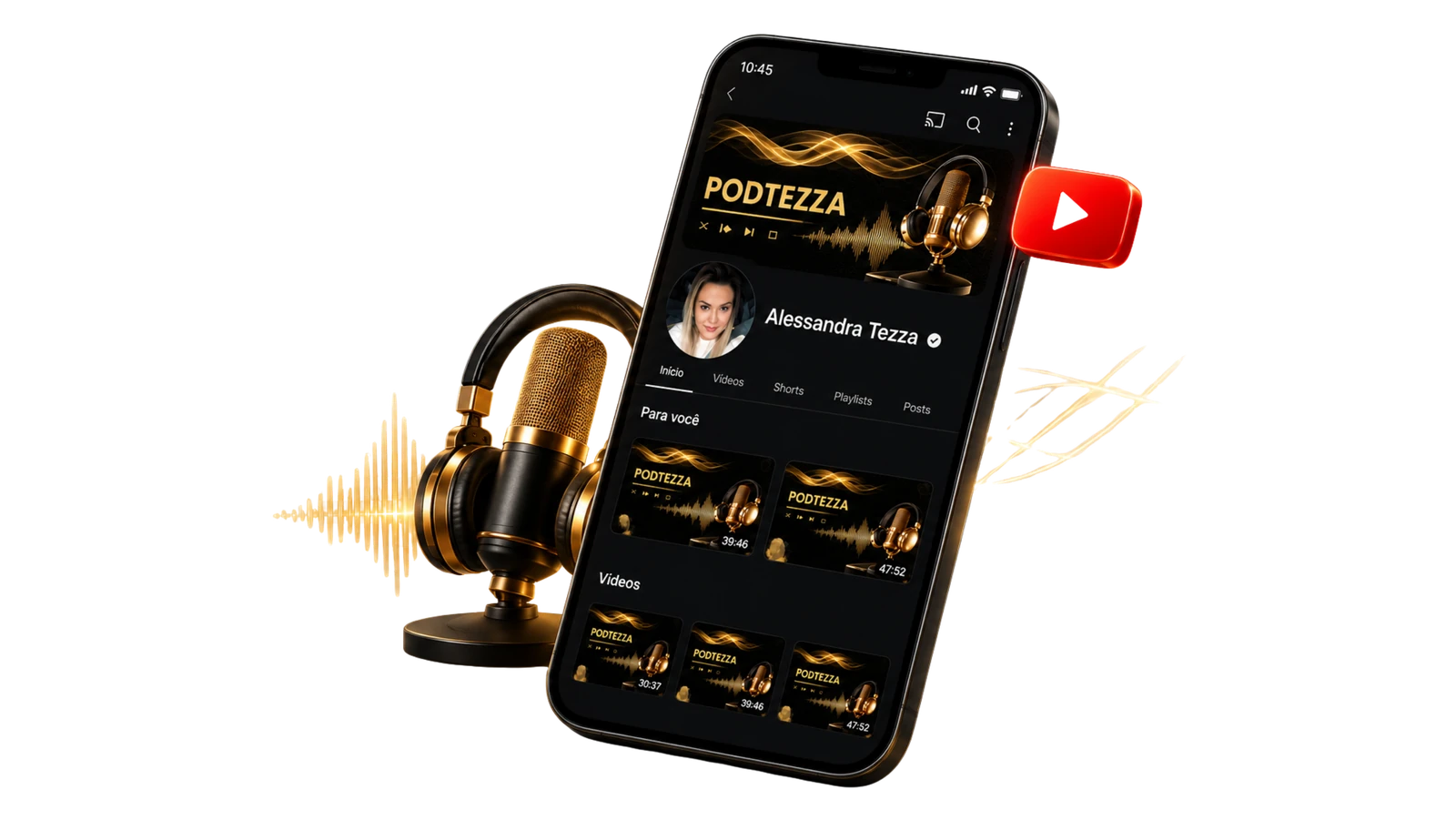 Canal PodTezza de Alessandra Tezza no YouTube, exibido em um celular