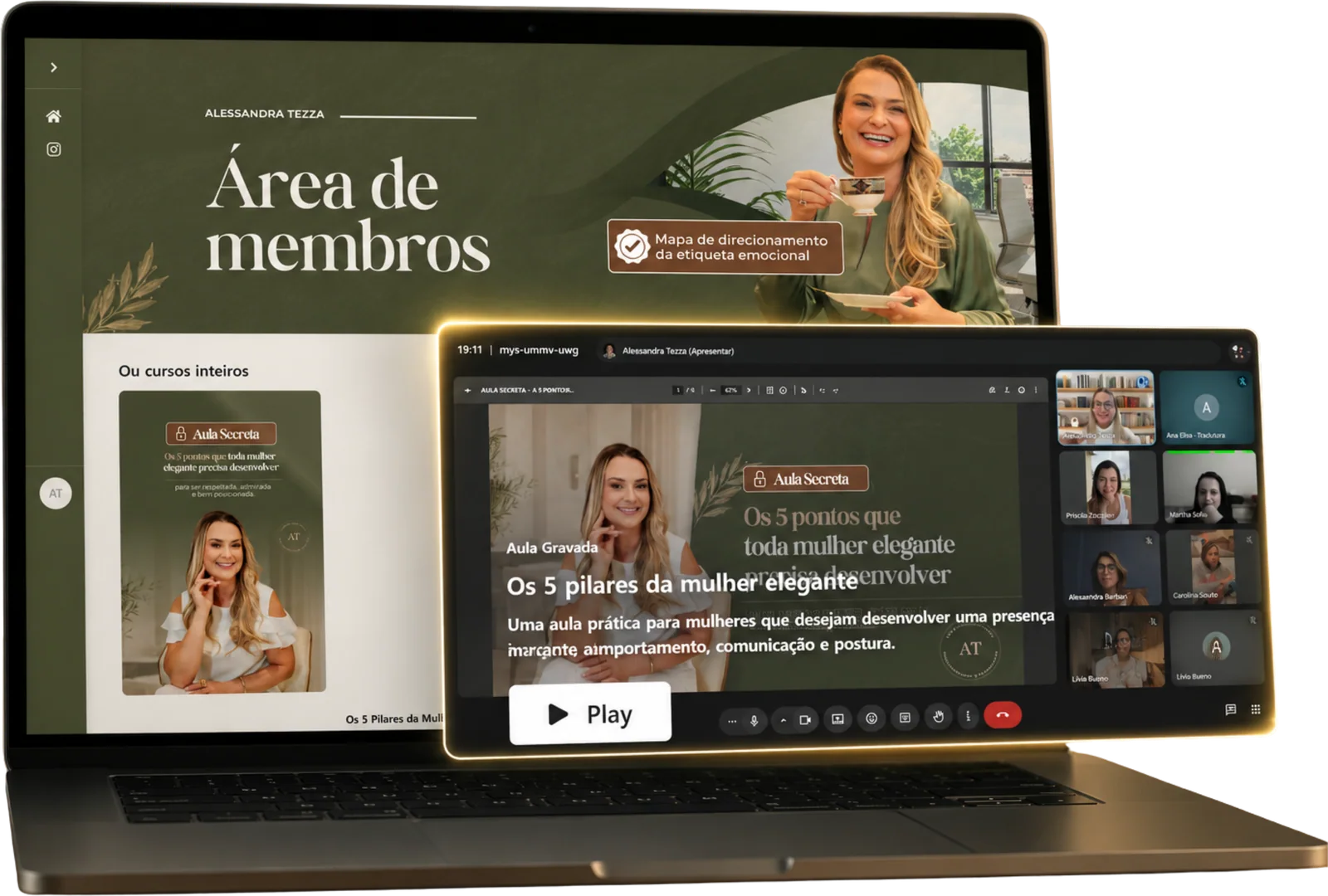 Área de membros do workshop Os 5 Pilares aberta em um notebook, com a aula gravada em reprodução
